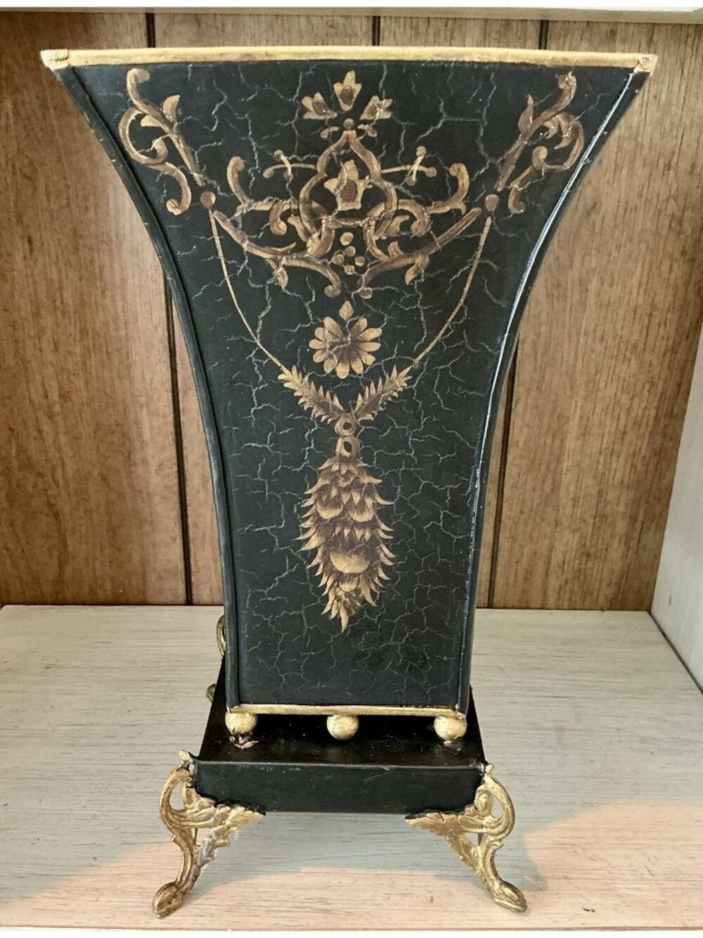 Hollywood Regency tole Planter Vase Black Crackle Gold Florentine Footed 13"